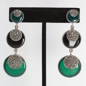 STERLING SILVER DECO ONYX CHALCEDONY LONG EARRINGS